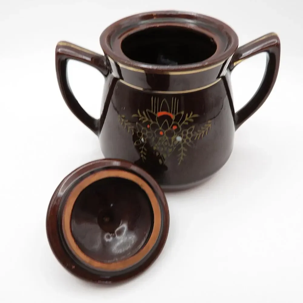 Vintage Japan Redware Moriage Coffee Set Pot, Creamer & Sugar Bowl Brown Floral